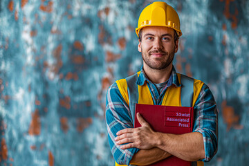 Construction Engineer with Clipboard Pointing Up in Safety Gear