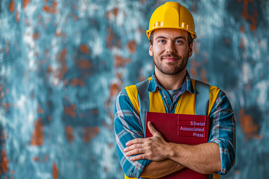 Construction Engineer with Clipboard Pointing Up in Safety Gear
