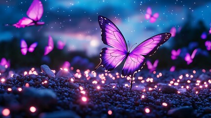 Fototapeta premium A purple butterfly glows in the night, creating a magical and fantastical scene.