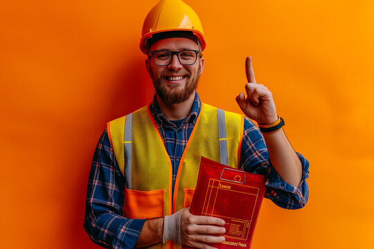 Construction Engineer with Clipboard Pointing Up in Safety Gear