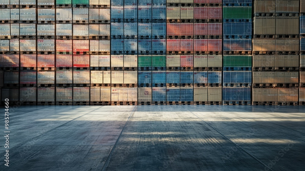 Poster warehouse with neatly stacked pallets of boxes, leaving space for copy or logistics messaging.