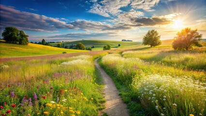 Obraz premium Path winding through a sunny field with wildflowers and lush green grass