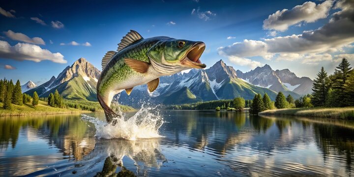 Largemouth bass fish leaping from a lake with a scenic background of trees and mountain peaks