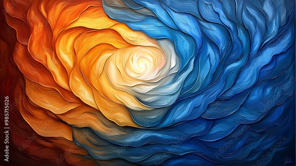 Poster swirling blue and orange patterns merge in a digital masterpiece, creating a striking contrast.