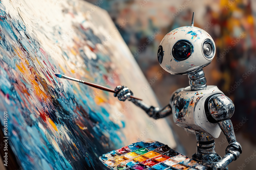 Poster robot is painting a colorful picture on a canvas. the robot is using a brush to apply the paint, and
