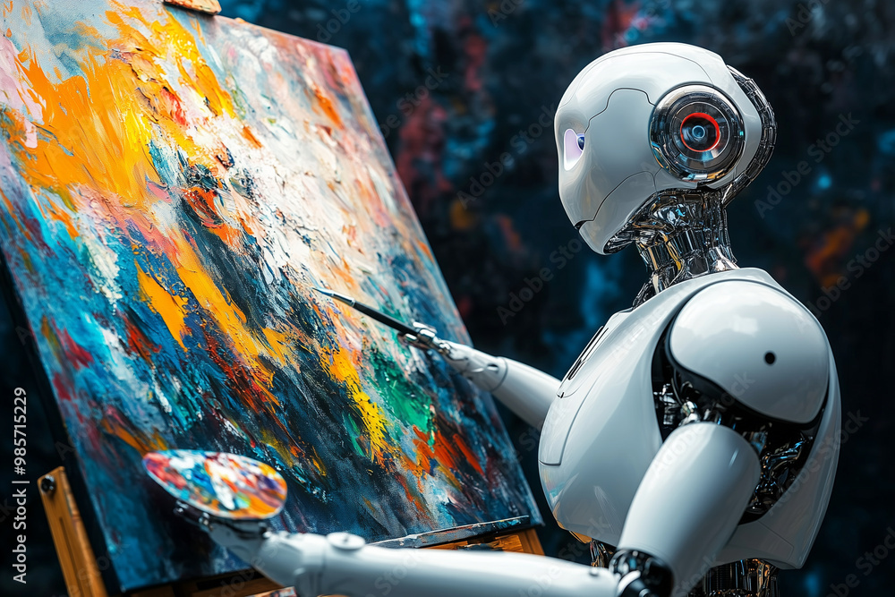 Poster robot is painting a colorful picture on a canvas. the robot is using a brush to apply the paint, and