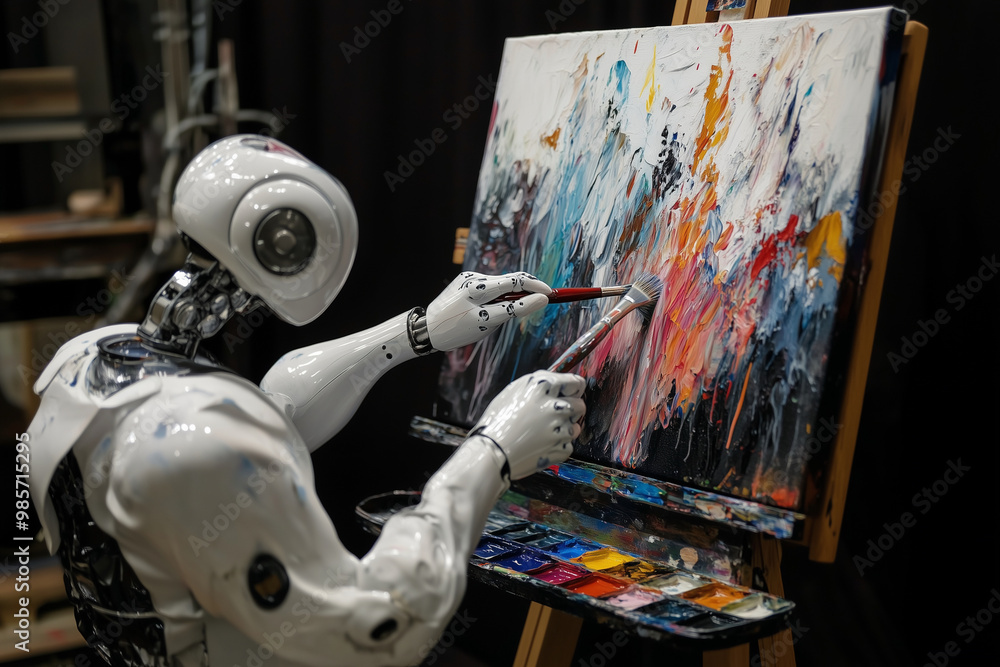 Poster robot is painting a colorful picture on a canvas. the robot is using a brush to apply the paint, and