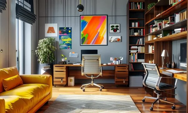 A modern office space with a yellow couch, a desk with a computer, and a chair 4K Video