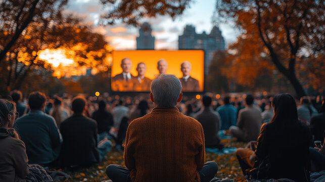 crowd gathers in park during sunset, watching large screen displaying poll results. atmosphere is filled with anticipation and community spirit as people engage with event