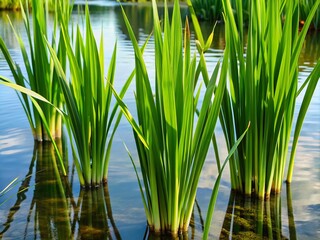Fototapeta premium Long, sword-shaped leaves of the Acorus calamus plant rise above the water's surface, their delicate texture and