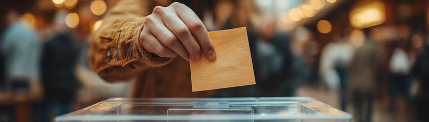 person is about to drop marked ballot into transparent ballot box, symbolizing civic engagement and participation in electoral process. background features blurred crowd, enhancing atmosphere of