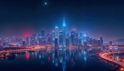 Obraz premium A futuristic city skyline glowing with neon lights under a starry night sky