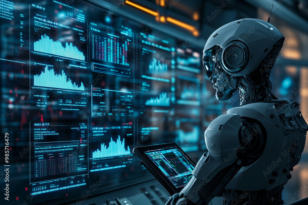 Poster robot is standing in front of a computer monitor with a lot of numbers on it. the robot is looking a