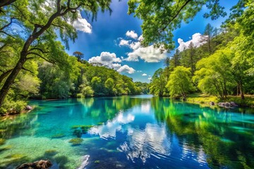 Fototapeta premium Lush greenery surrounds picturesque state park, vibrant blue waters reflecting serenity and tranquility, creating a
