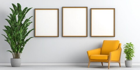 Three empty frames with a gold border hang on a white wall, flanked by plants and a yellow armchair.