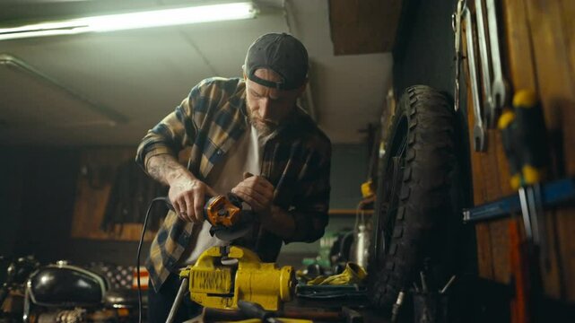 Confident guy mechanic using a grinder grinds a part on a workbench in his workshop with many tools