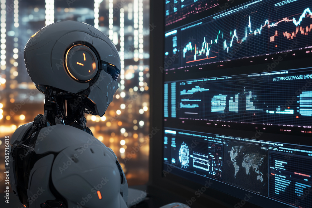 Aufkleber robot is sitting at a computer desk with several monitors displaying financial data. the robot appea