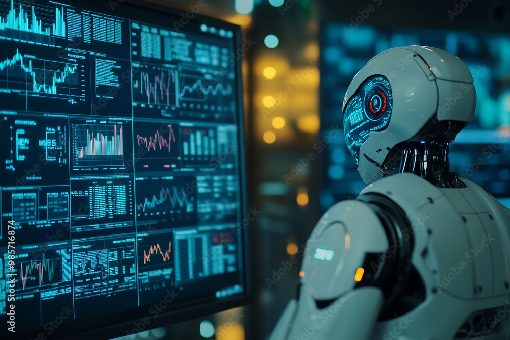 Poster robot is standing in front of a computer monitor with a lot of numbers on it. the robot is looking a