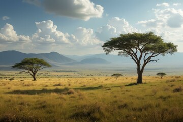 Obraz premium Vast Savannah With Golden Grasslands And Prominent Acacia Trees