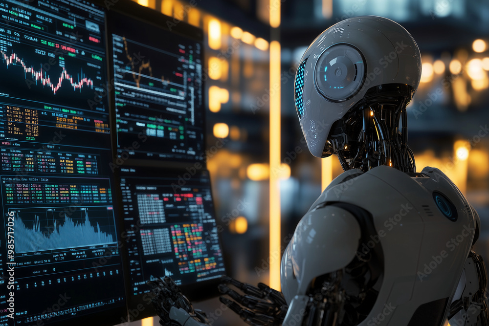 Aufkleber robot is sitting at a computer desk with several monitors displaying financial data. the robot appea