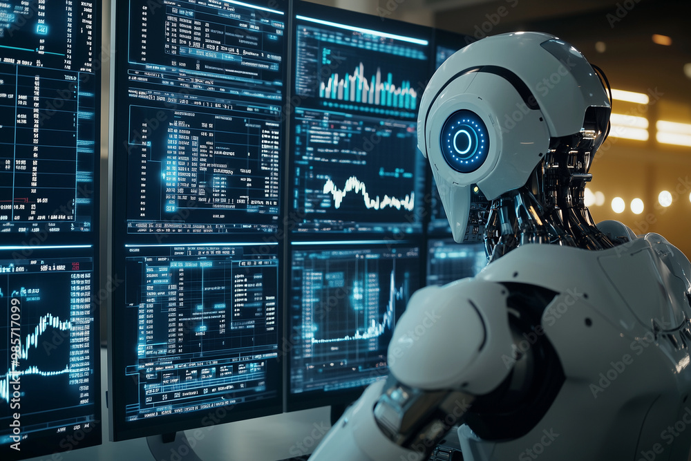 Aufkleber robot is sitting at a computer desk with several monitors displaying financial data. the robot appea