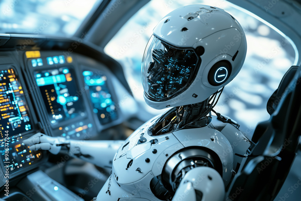 Poster robot is sitting in a cockpit with a helmet on. the robot is white and has a blue face. the cockpit 