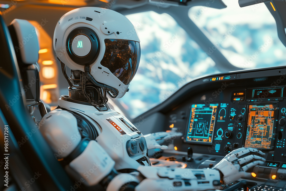 Poster robot is sitting in a cockpit with a helmet on. the robot is white and has a blue face. the cockpit 