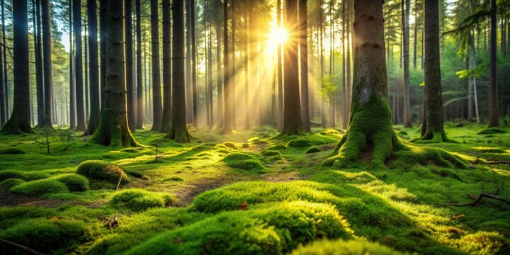 Scenic forest glade covered in moss bathed in morning sunlight