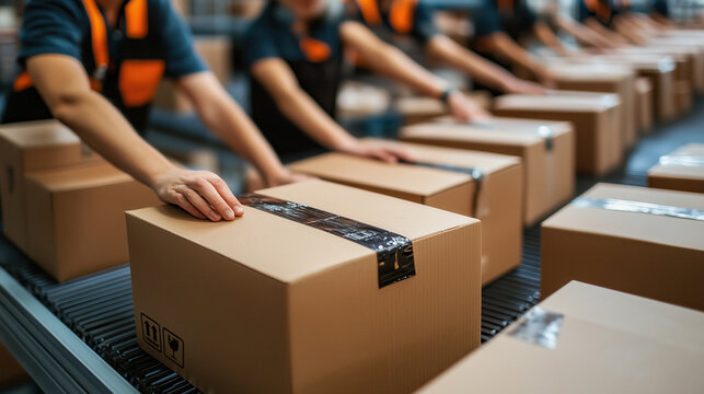 Efficient delivery workers sorting packages in logistics center