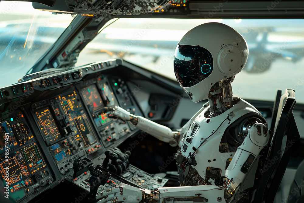 Poster robot is sitting in a cockpit with a helmet on. the robot is white and has a blue face. the cockpit 