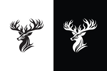 Black And White Wild Deer Silhouette Design.