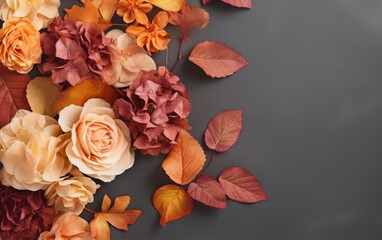 Autumn floral arrangement with roses  hydrangeas  and leaves transparent background