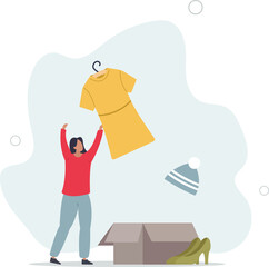 Volunteer collecting and packing used clothes in boxes for charity.flat design with people.