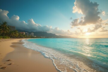 Stunning Waikiki Beach At Sunrise With Palm Trees And Azure Waters