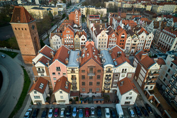Aerial View of Elbląg Old Town Residential Buildings and Historic Brick Tower, Poland