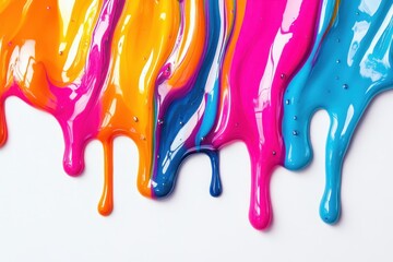 Vibrant paint drips in various colors on a white surface, showcasing artistic expression.