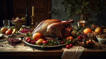 Roasted Turkey with Fruit and Grapes on Wooden Table