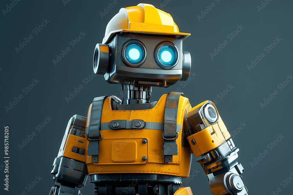 Poster robot in a yellow vest and helmet stands in front of a gray background. the robot's design is futuri