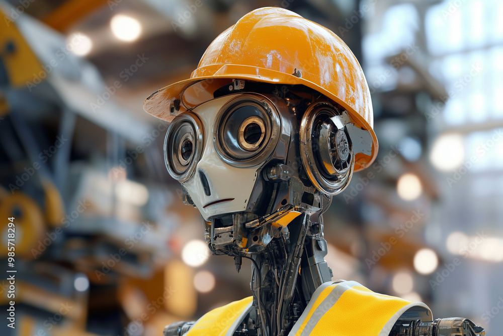 Poster robot with a yellow helmet and safety vest is standing in a factory. the robot has a serious express