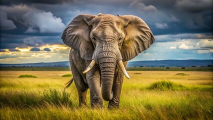 Fototapeta premium Majestic elephant stands tall in the sun-kissed field, its wrinkled gray skin glistening with dew, prominent tusks