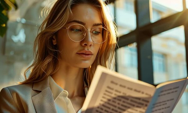 A woman is reading a book in a cafe 4K Video