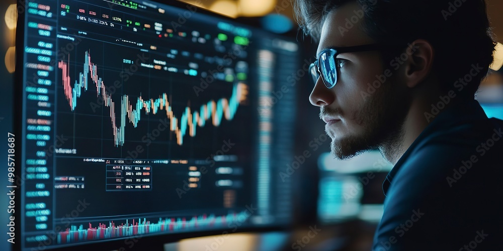 Poster crypto trader analyst investor looking at trading cryptocurrency financial charts on a computer scre