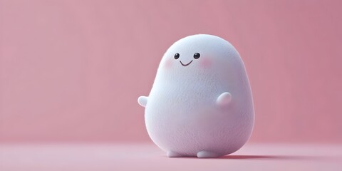 A cute, white, fuzzy character with a big smile stands against a pink background.