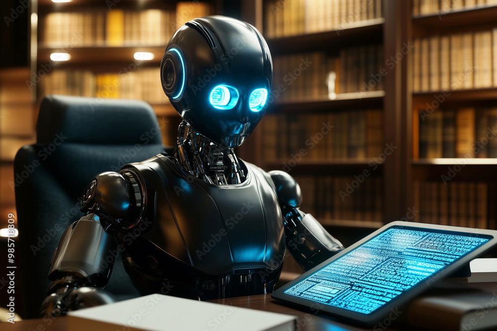 Aufkleber robot is sitting at a desk in front of a book and a tablet. the robot is using the tablet to read th