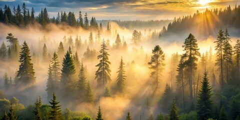 Foggy morning in Pacific Northwest forest at sunrise, creating an ethereal atmosphere with cedar...