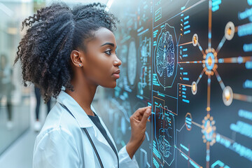 Scientist analyzing brain scan data on interactive digital screen