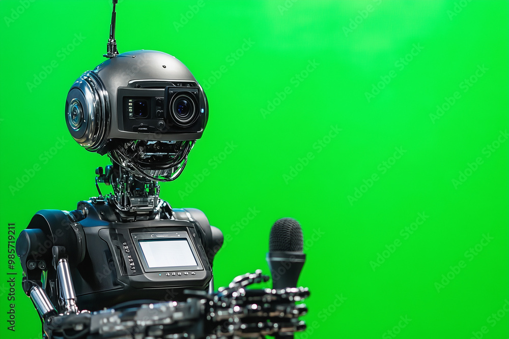Aufkleber robot is holding a microphone and is wearing a white helmet. the robot is standing in front of a gre
