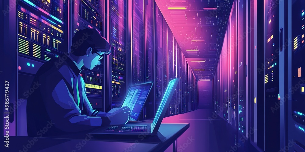 Poster computer engineer working on laptop computer with server room, data center, big data storage as back