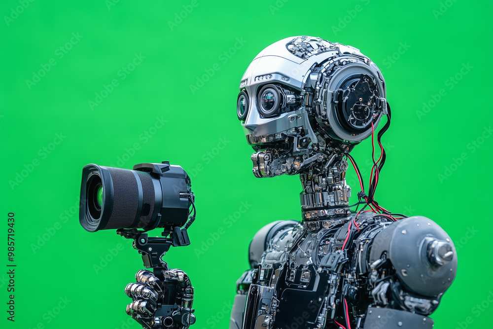 Poster robot is holding a camera and standing in front of a green background. the robot's face is made of m