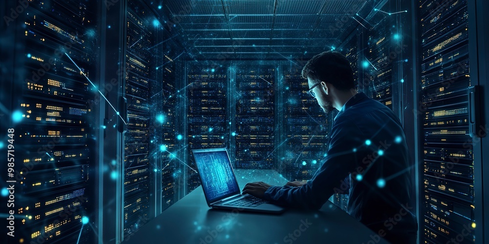 Poster computer engineer working on laptop computer with server room, data center, big data storage as back